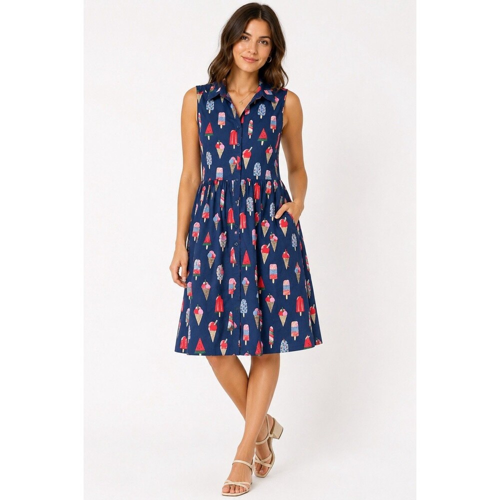 Cath Kidston Ice Cream Print Shirt Dress UK 10 Navy Cotton Sleeveless Summer